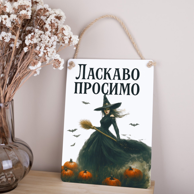 Деревянная табличка-постер 34х24см "Добро пожаловать" на Хэллоуин белая с ведьмой